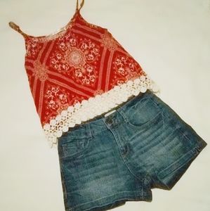 Liberty Love red dress top with SO jean shorts